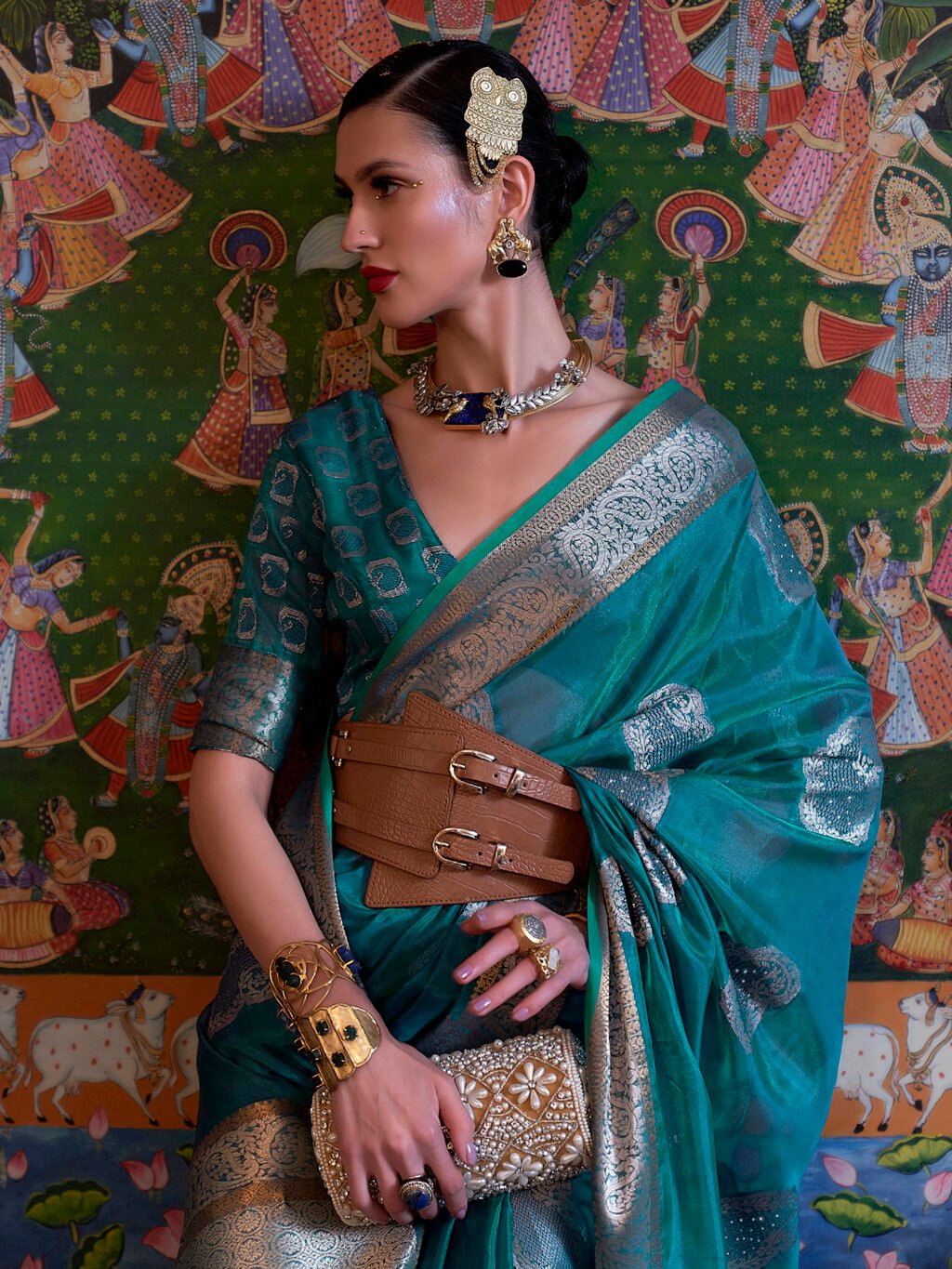Heritage Blue Organza Sheer Embroidery Saree - Image 2