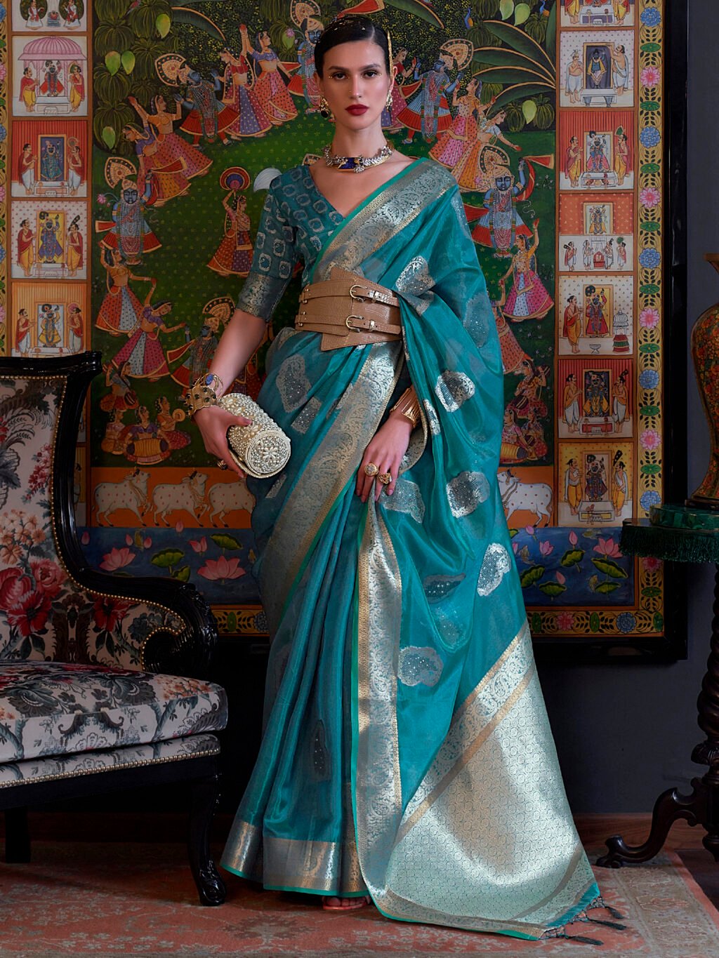 Heritage Blue Organza Sheer Embroidery Saree