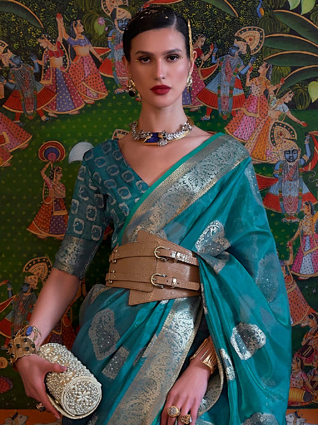 Heritage Blue Organza Sheer Embroidery Saree - Image 3