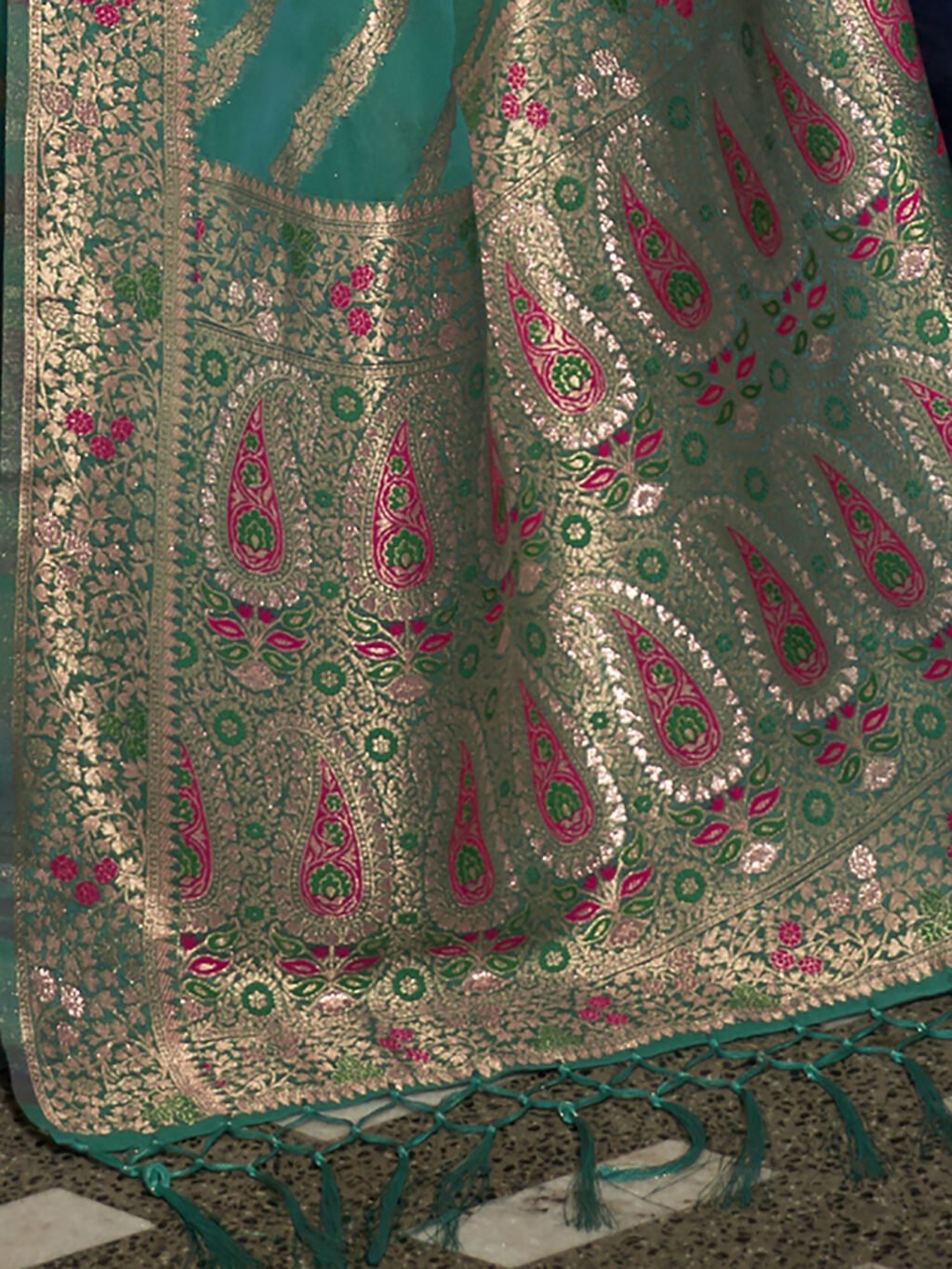 Radiant Teal Blue Organza Zari Woven Saree - Image 4