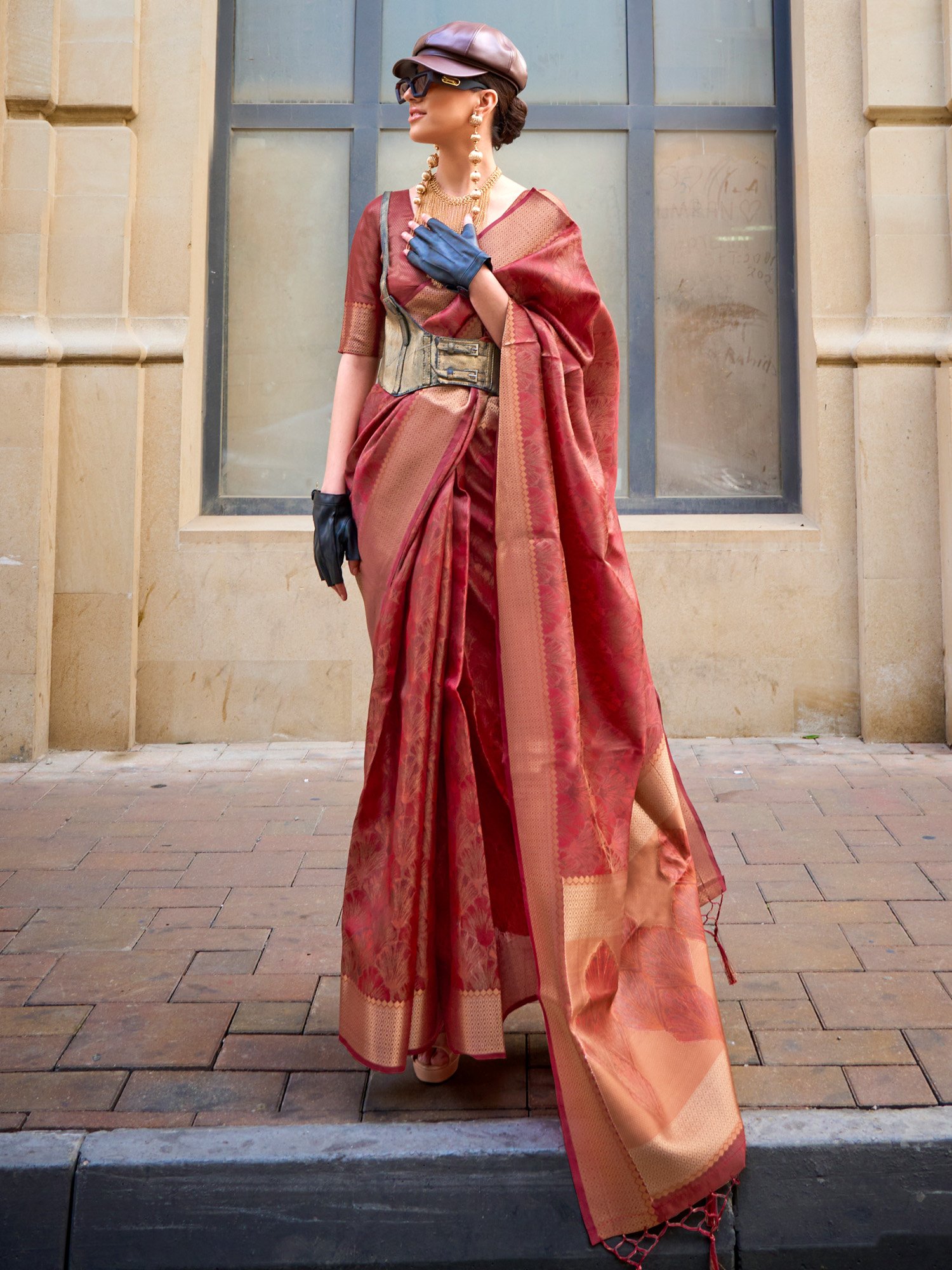 Elegant Maroon Organza Sheer Embroidery Saree