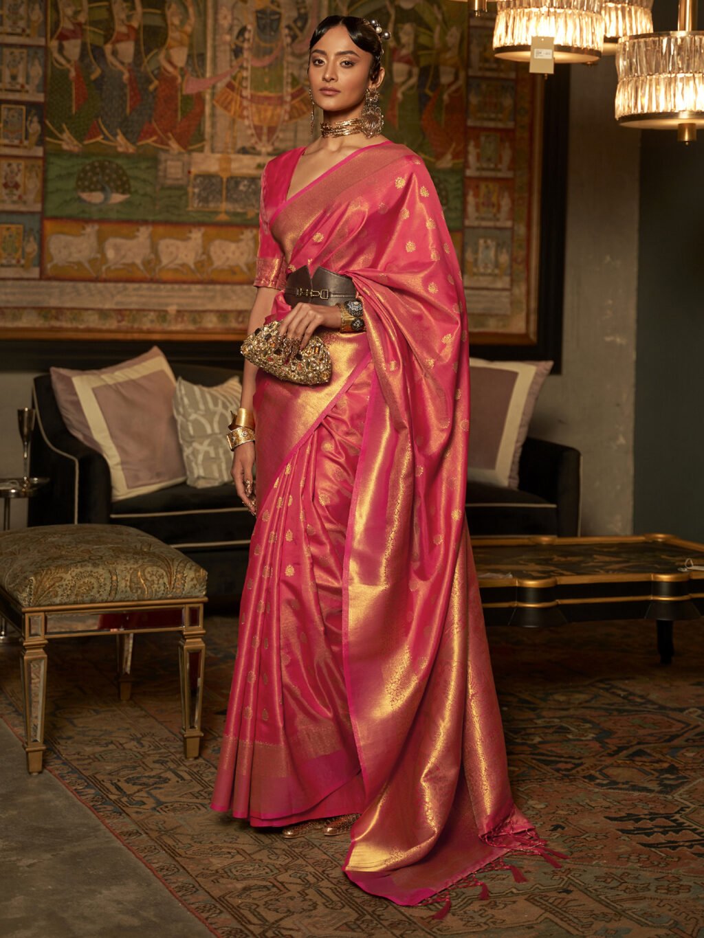 Heritage Pink Designer Zari Woven Unique Saree