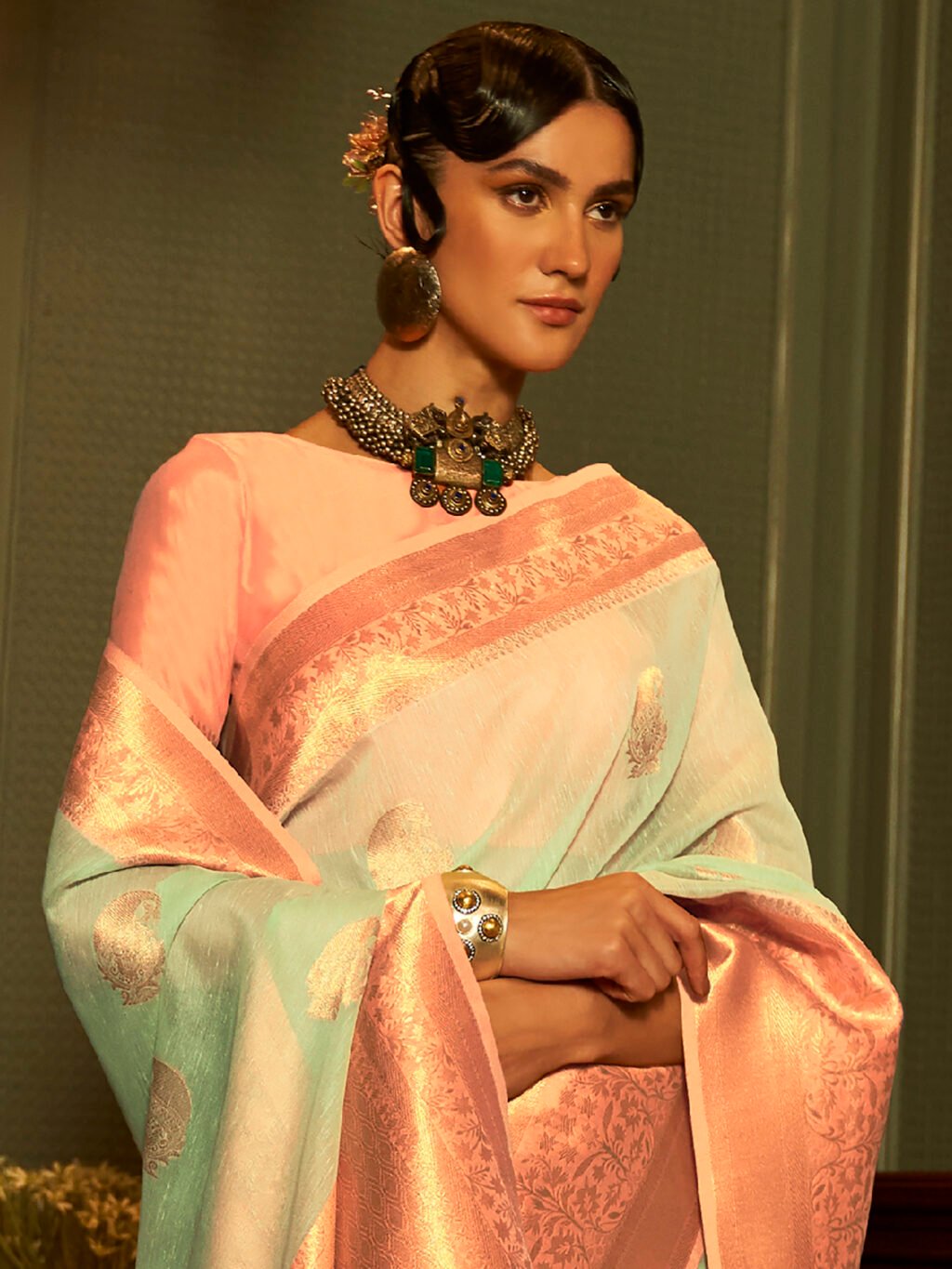 Exquisite Sea Green Linen Block Printed Saree - Image 3