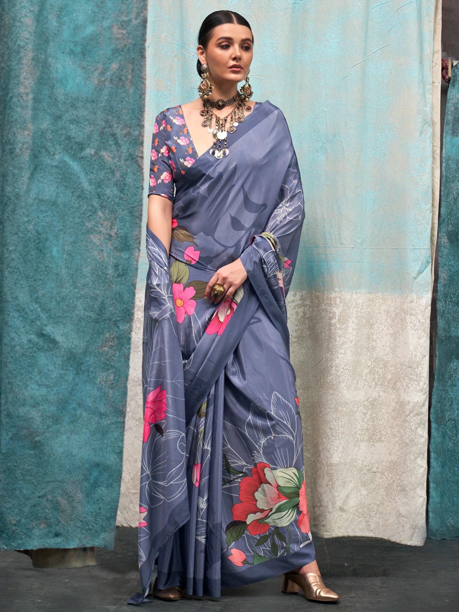 Regal Metallic Grey Crepe Zari Woven Saree