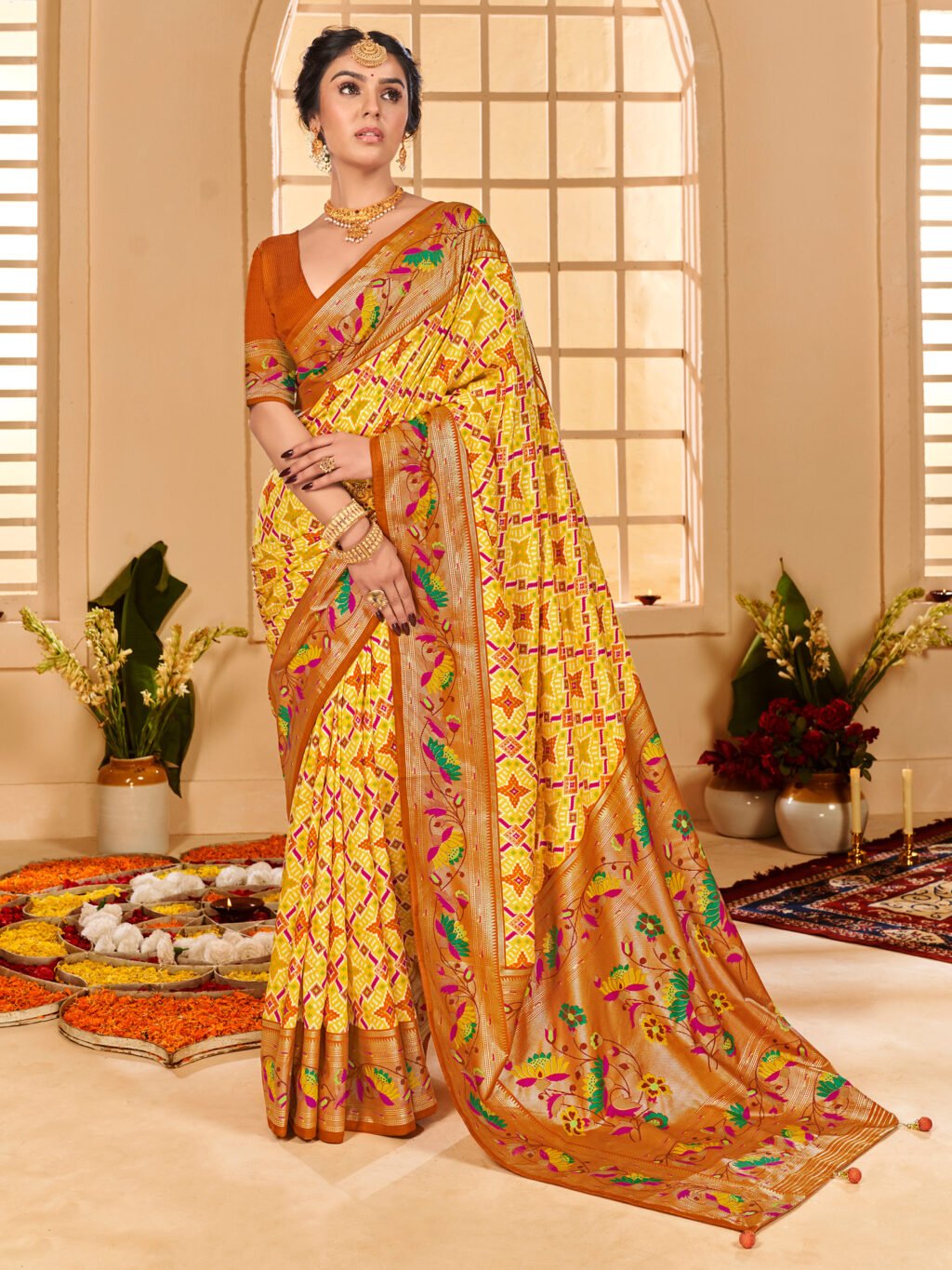 Graceful Yellow Printed Silk Saree