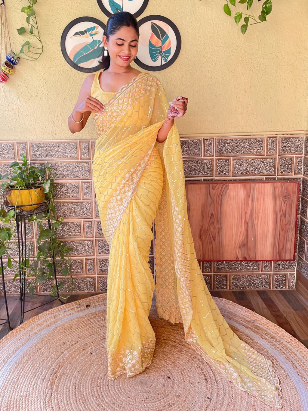 Designer Yellow Flowing Georgette Saree - Image 2