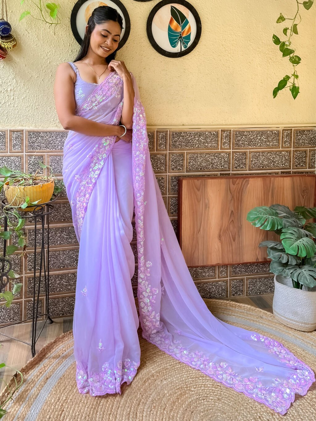 Lavendar Designer Sequincs Georgette Saree - Image 2