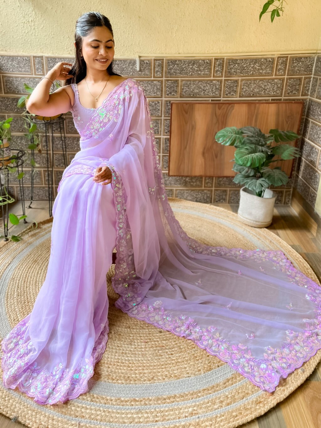 Lavendar Designer Sequincs Georgette Saree - Image 3