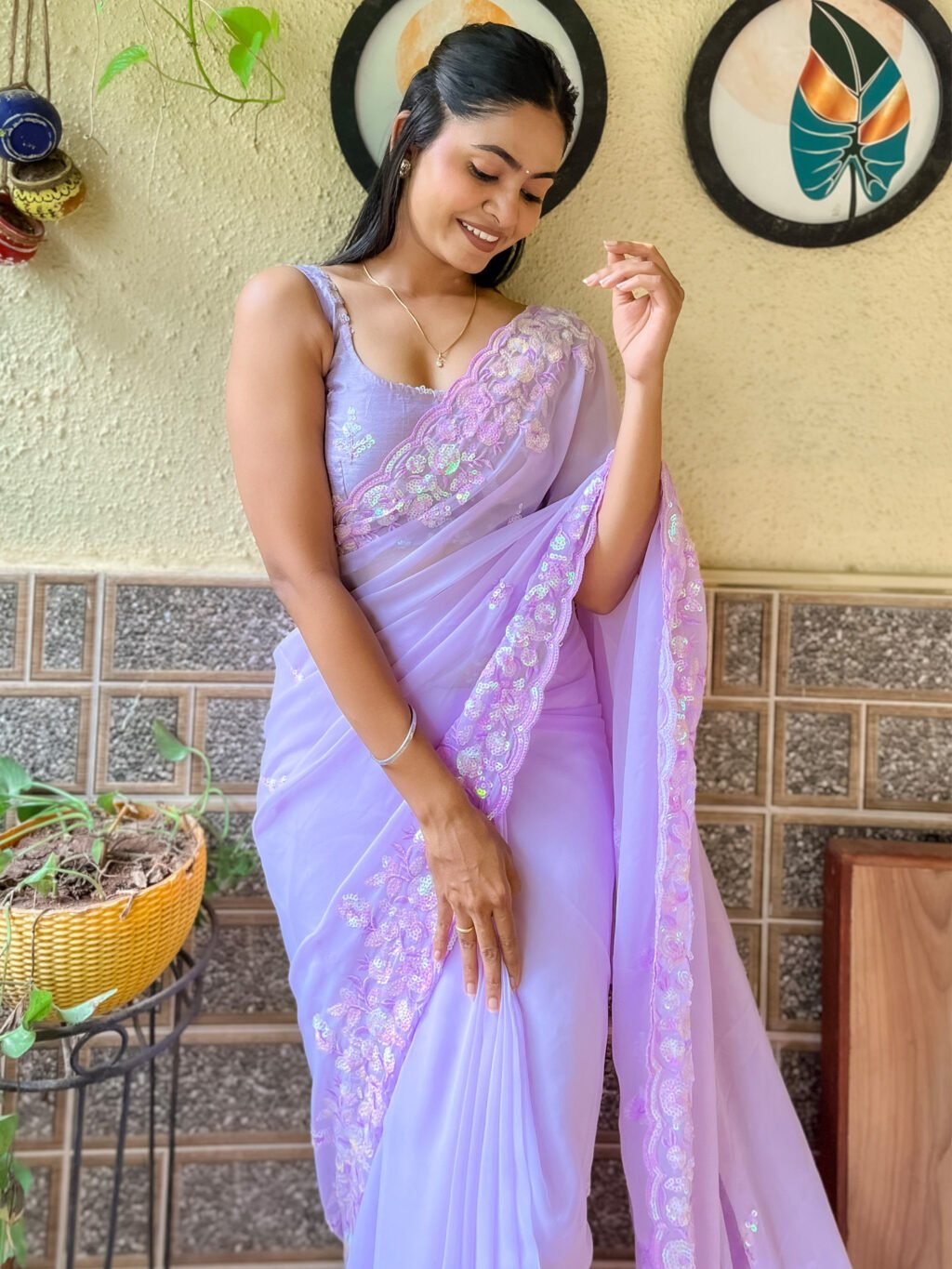 Lavendar Designer Sequincs Georgette Saree - Image 4