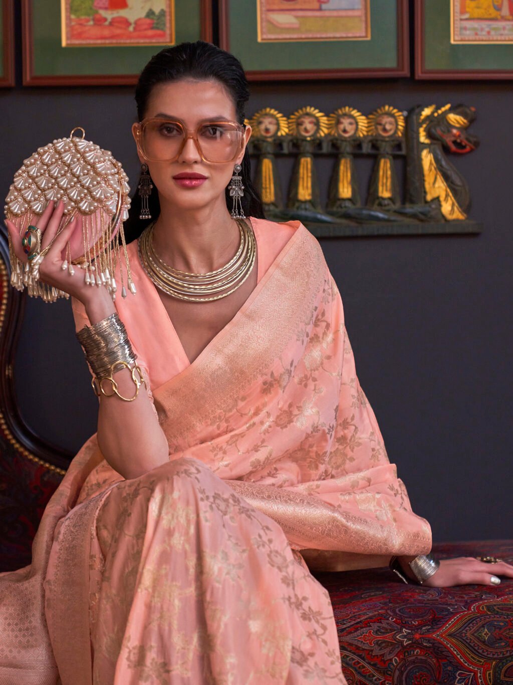 Radiant Peach Designer Zari Woven Unique Saree - Image 2
