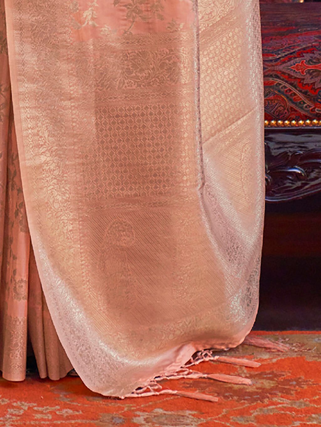 Radiant Peach Designer Zari Woven Unique Saree - Image 4