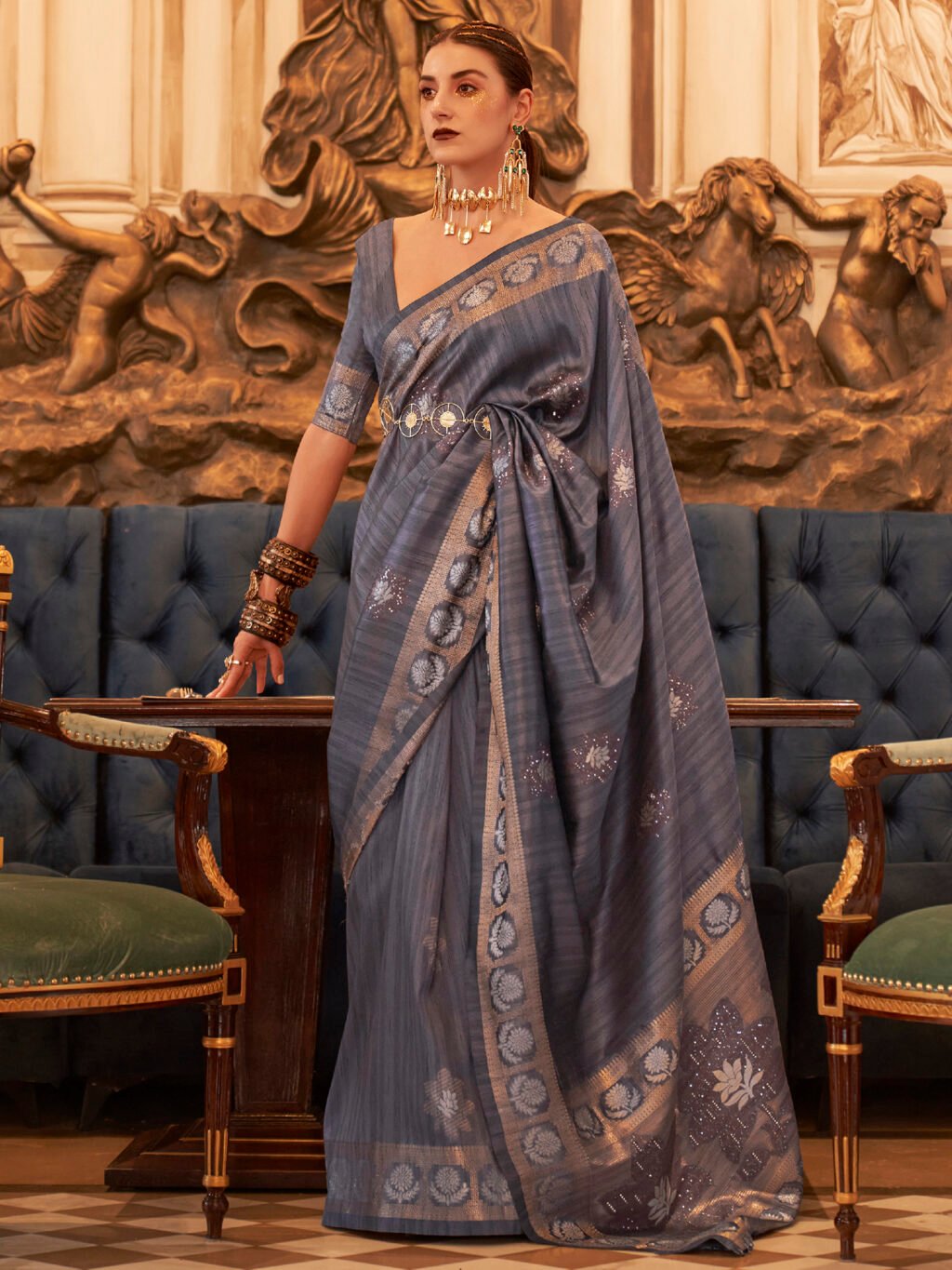 Elegant Charcoal Grey Designer Zari Woven Saree