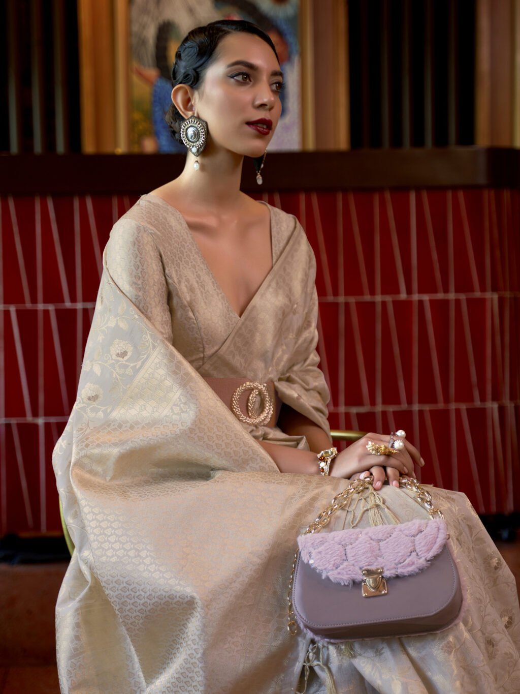 Regal Cream Designer Zari Woven Distinct Saree - Image 2