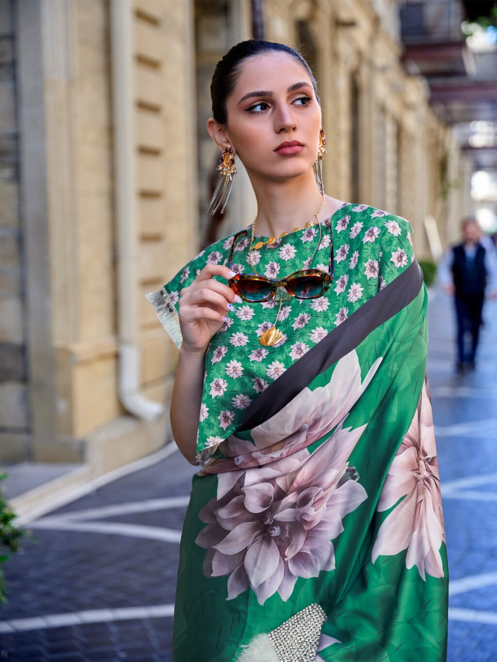 Timeless Green Satin Digital Print Saree - Image 2