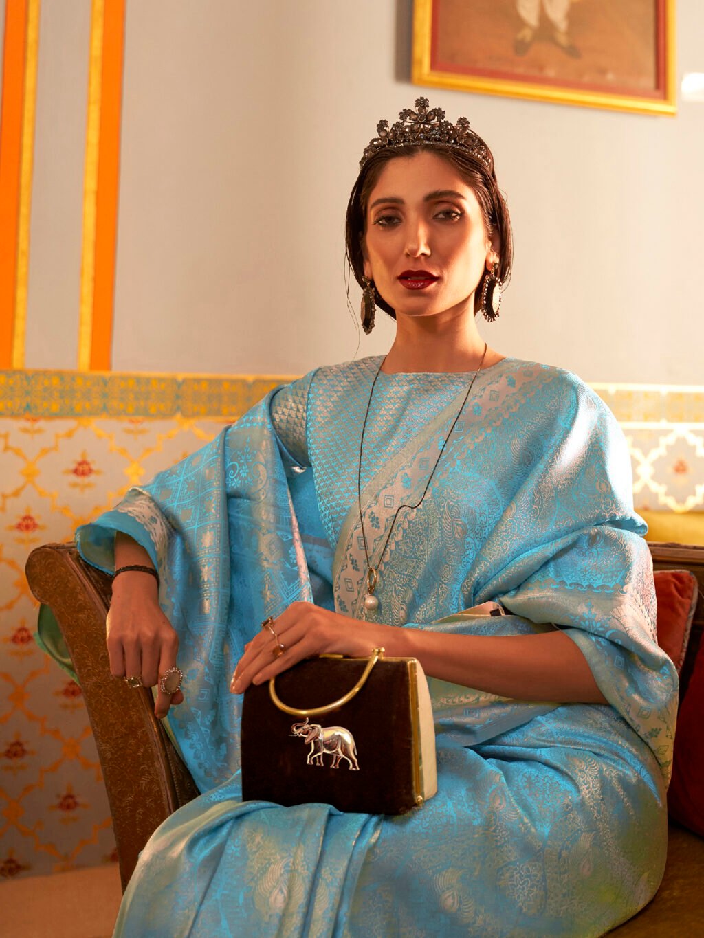 Regal Turquoise Designer Zari Woven Saree - Image 3