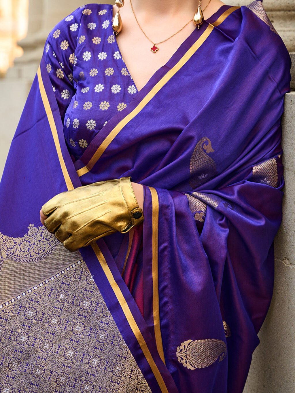 Opulent Purple Satin Floral Motifs Exclusive Saree - Image 4