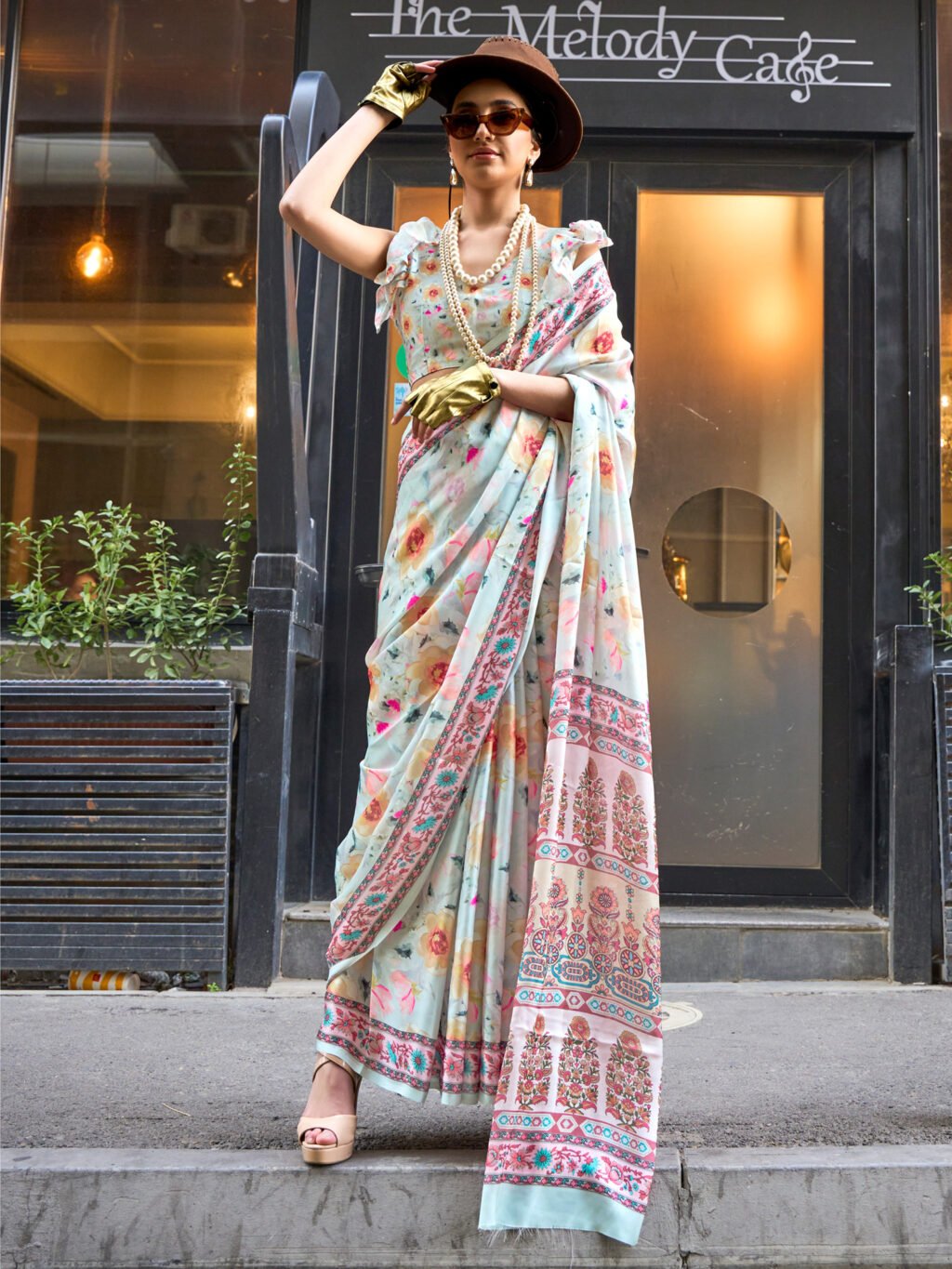 Elegant Light Blue Satin Digital Print Saree