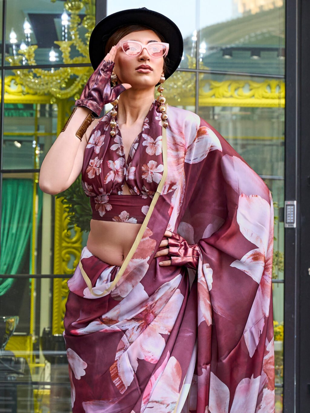 Graceful Brown Satin Floral Motifs Saree - Image 3