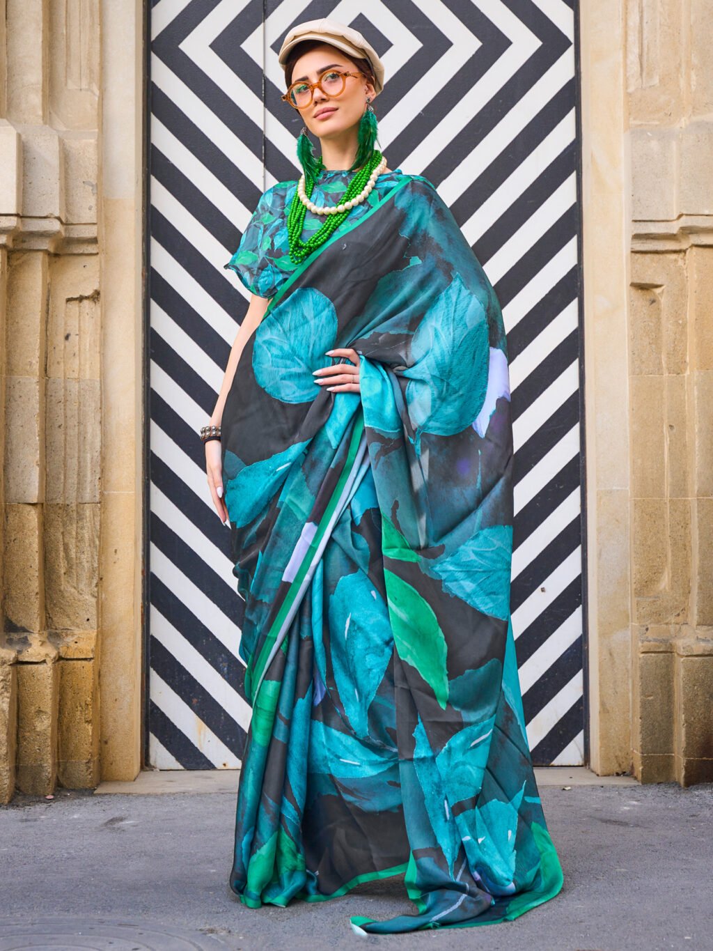 Radiant Black Satin Digital Print Saree