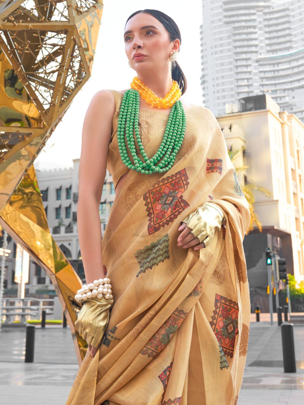 Heritage Beige Designer Tissue Saree - Image 2