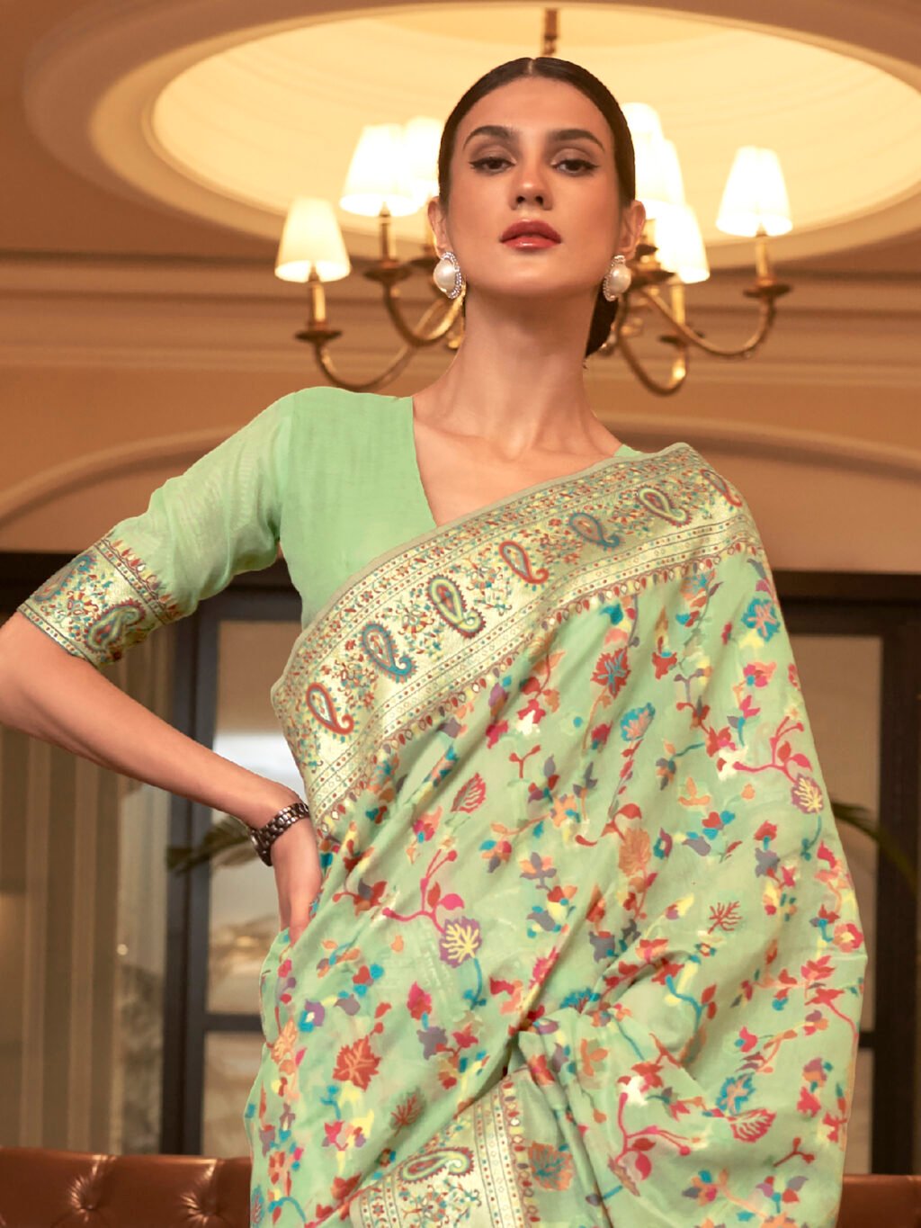 Radiant Green Designer Zari Woven Saree - Image 3