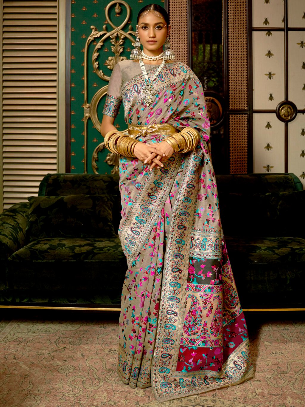 Opulent Grey Designer Zari Woven Saree