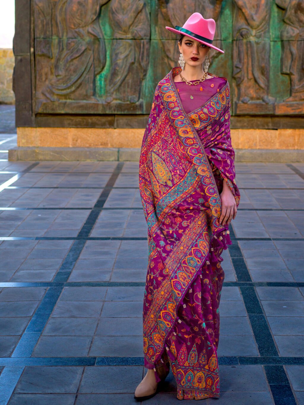 Regal Magenta Organza Sheer Embroidery Saree - Image 2