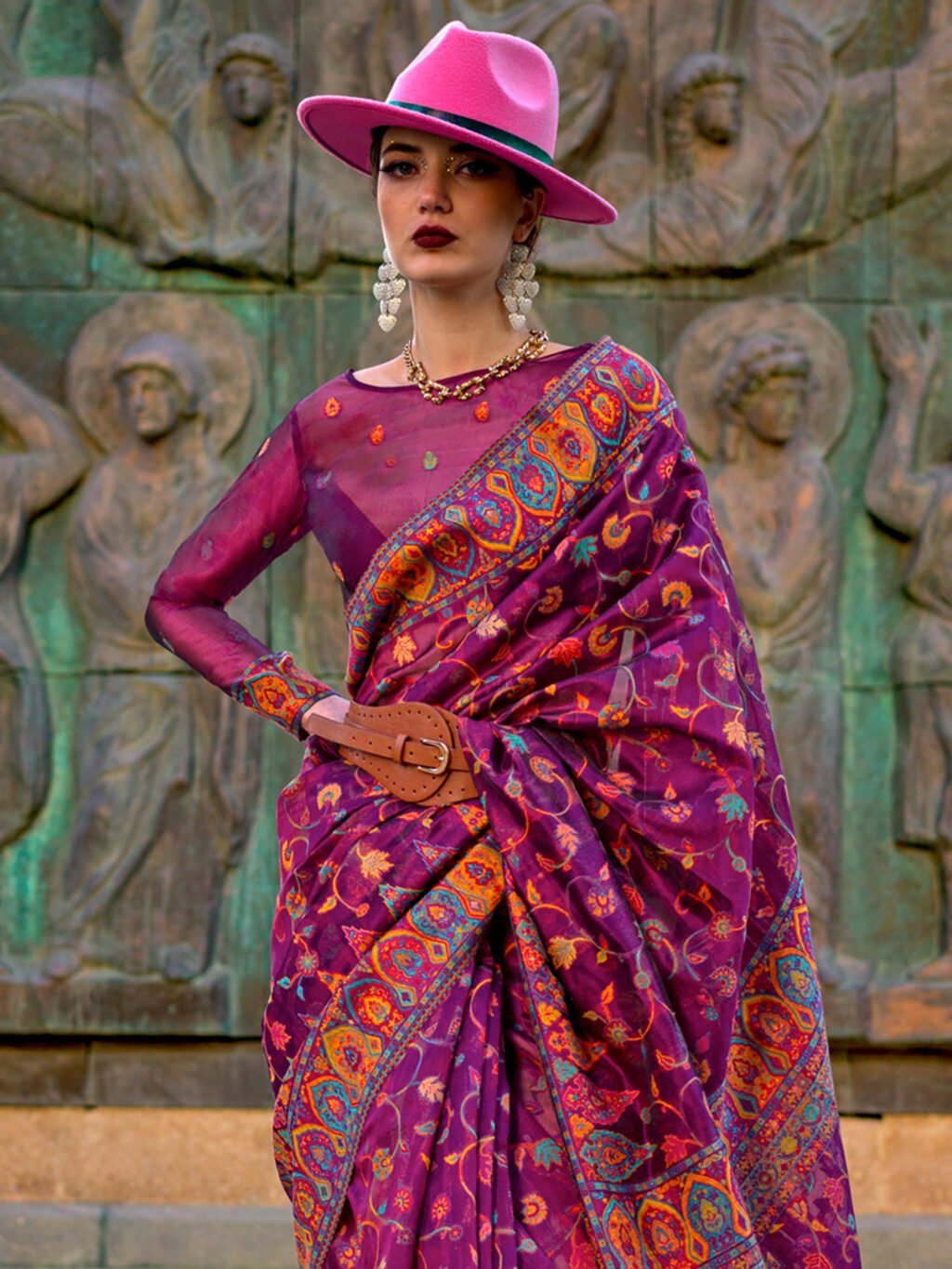 Regal Magenta Organza Sheer Embroidery Saree - Image 3