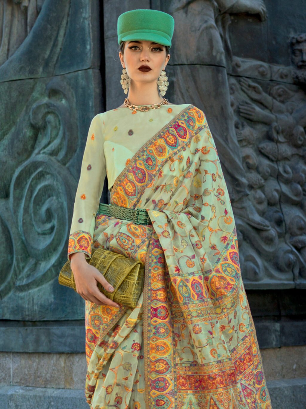 Graceful Light Green Organza Sheer Embroidery Saree - Image 3