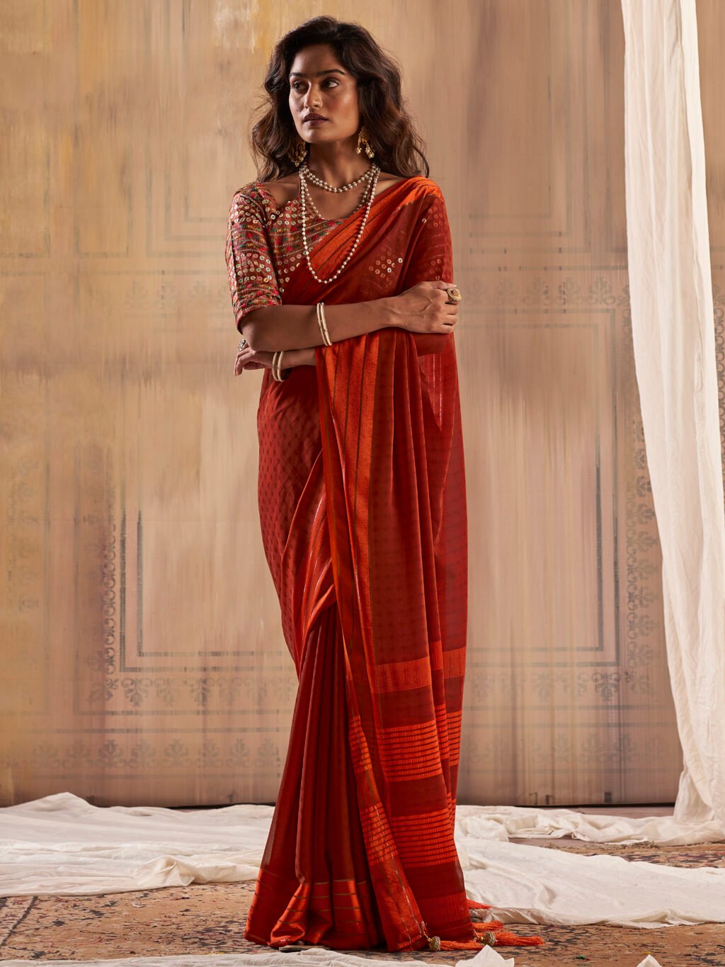 Regal Rust Georgette Print Saree