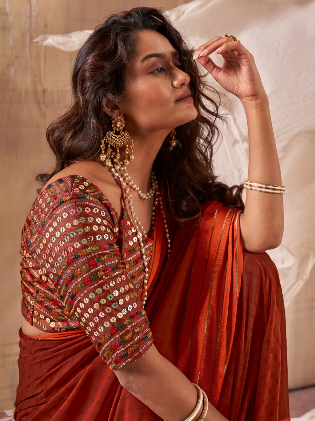 Regal Rust Georgette Print Saree - Image 3