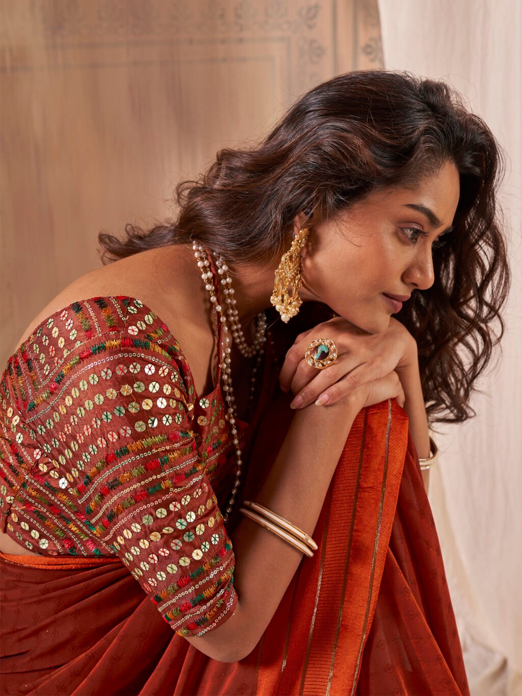 Regal Rust Georgette Print Saree - Image 4