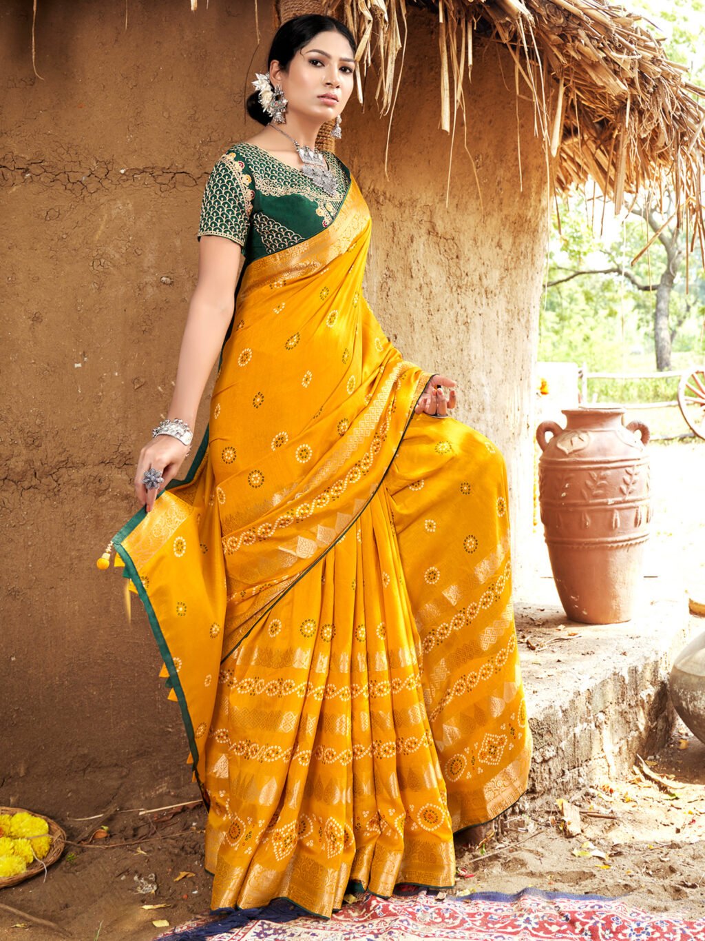 Yellow Designer Bandhani Georgette Saree