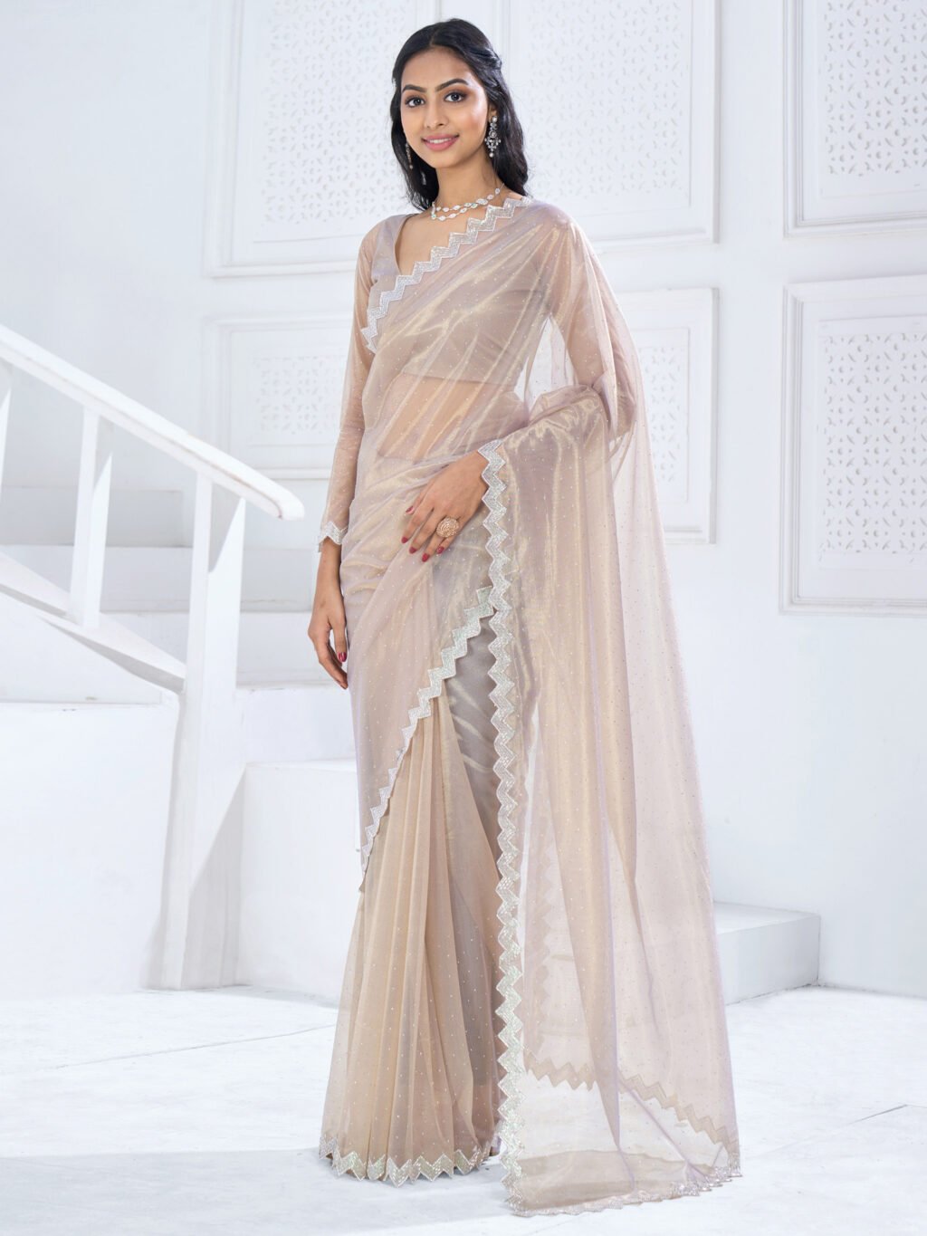 Beige Organza Designer Stone Saree