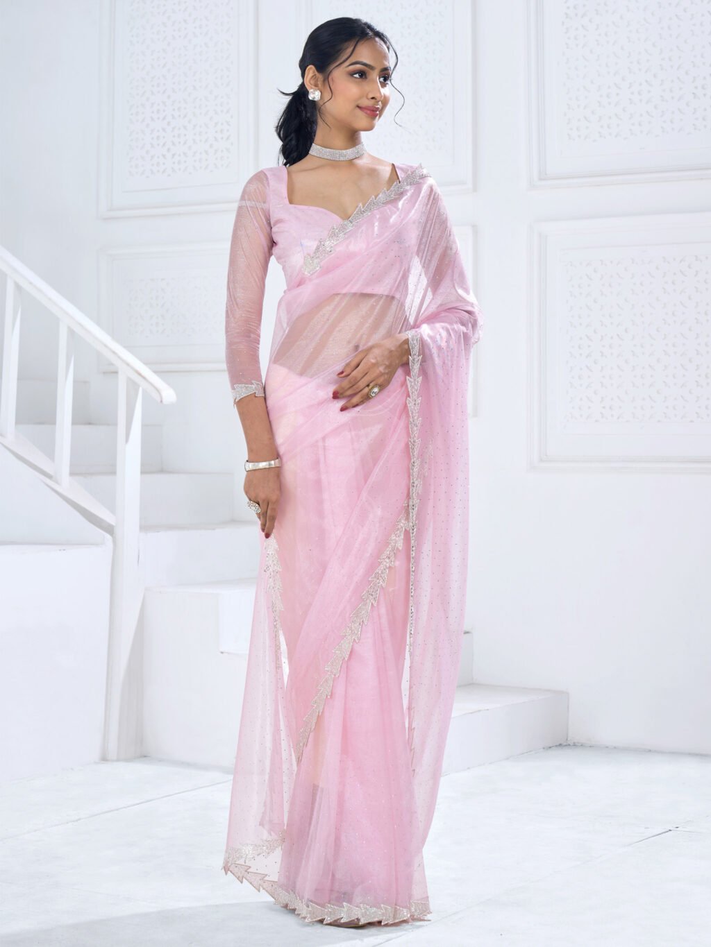Pink Organza Designer Stone Saree - Image 3
