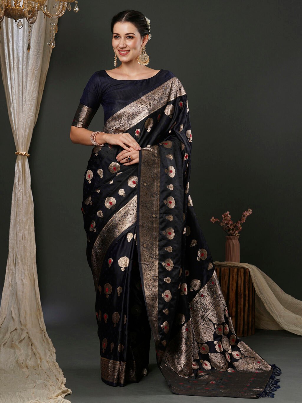 Opulent Navy Blue Banarasi Silk Saree