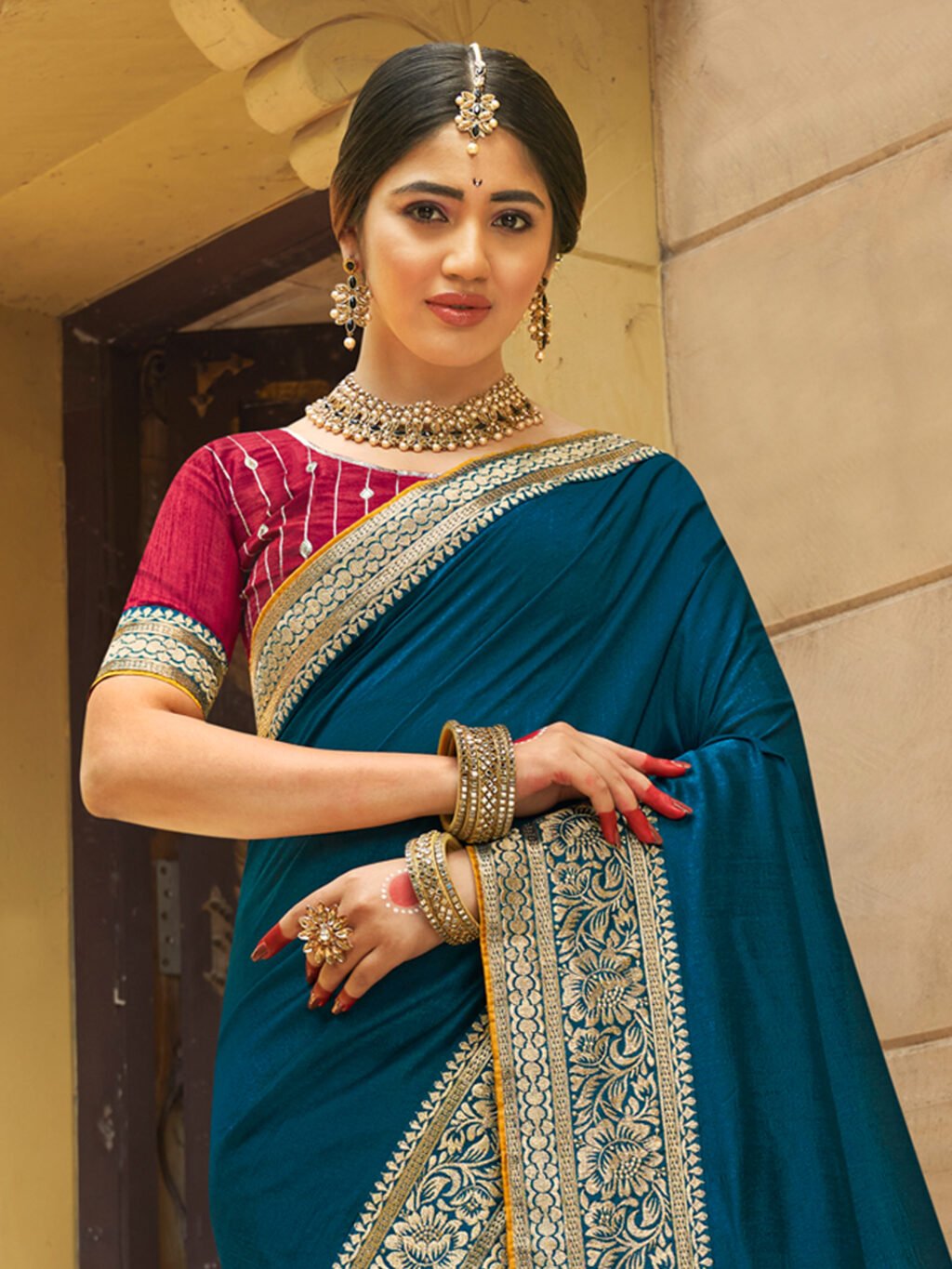 Graceful Teal Blue Designer Georgette Saree - Image 2