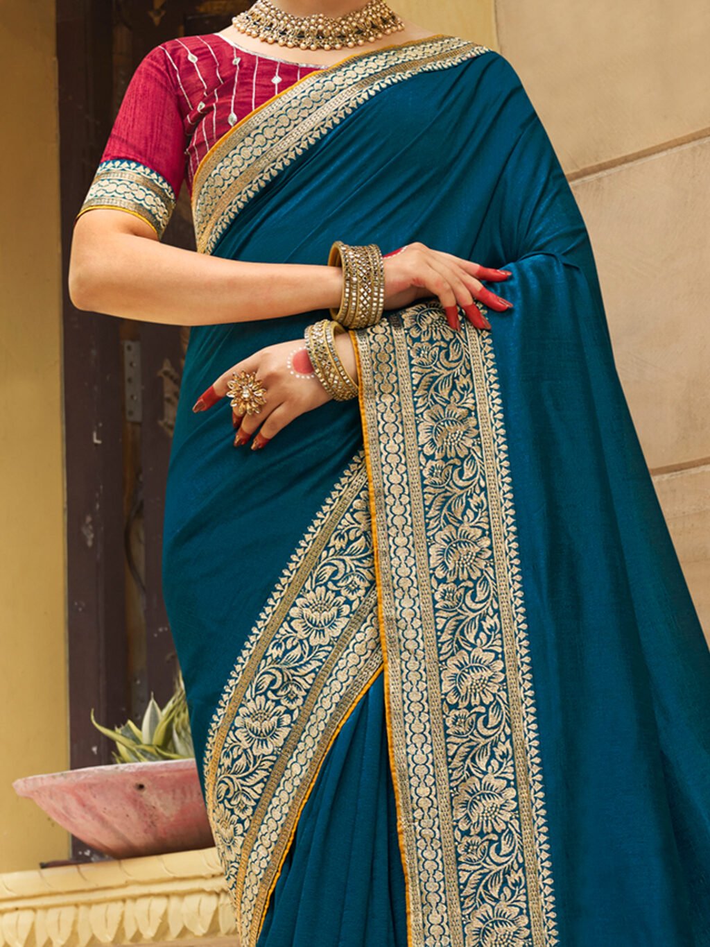 Graceful Teal Blue Designer Georgette Saree - Image 3