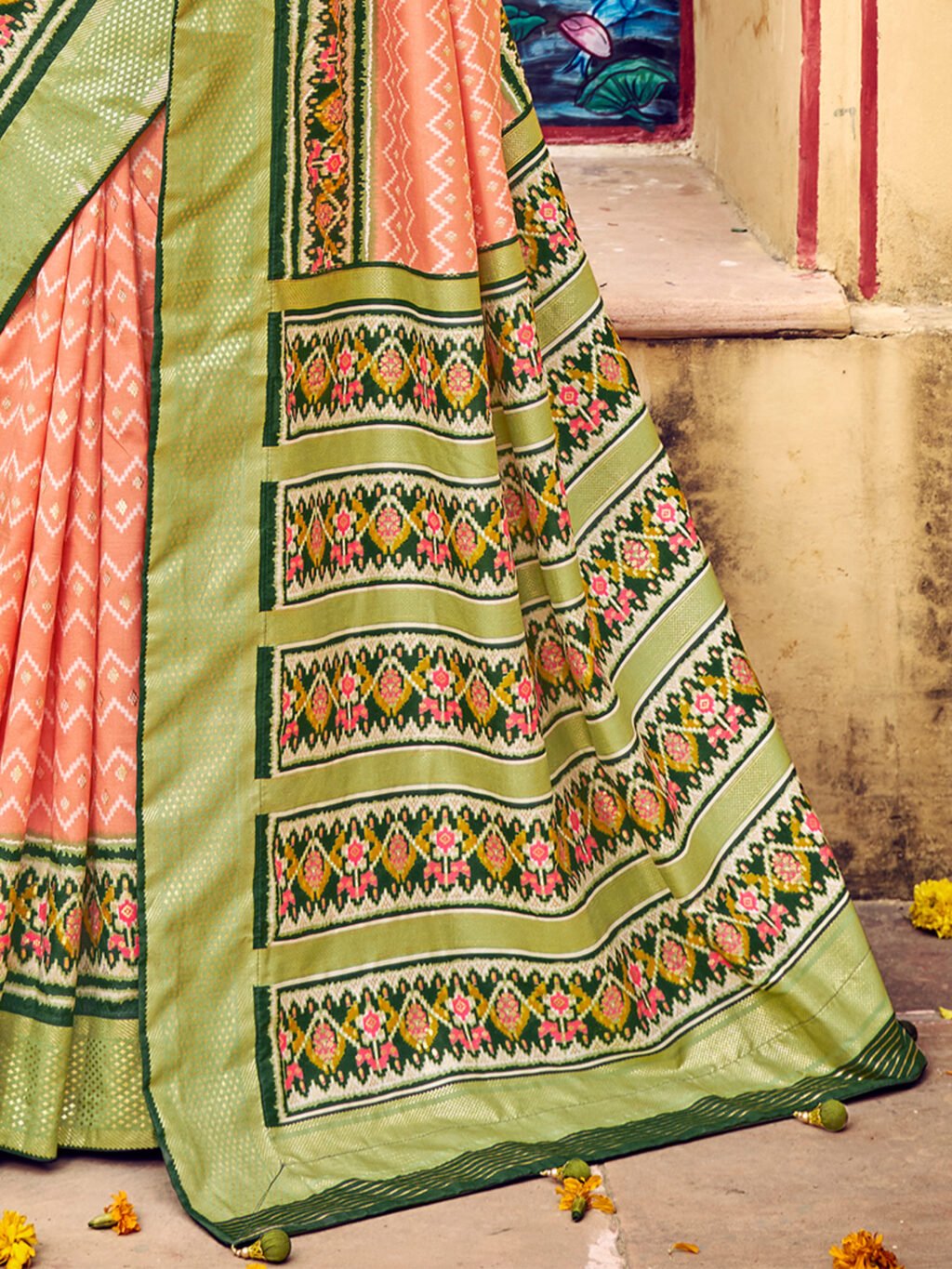 Regal Peach Tussar Silk Zari Woven Saree - Image 4