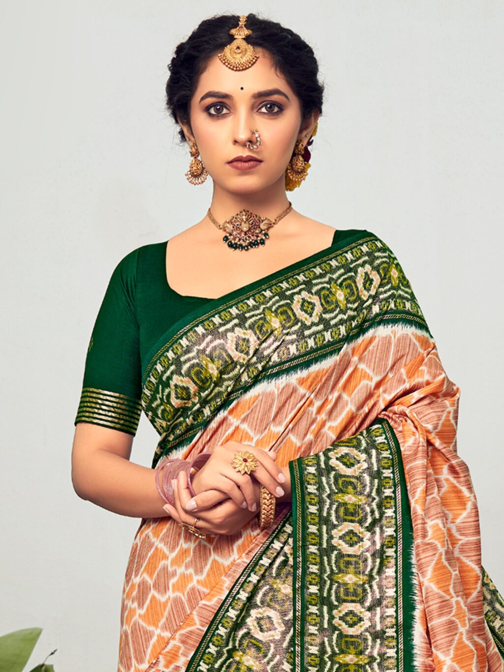 Greenish Peach Printed Silk Saree - Image 3