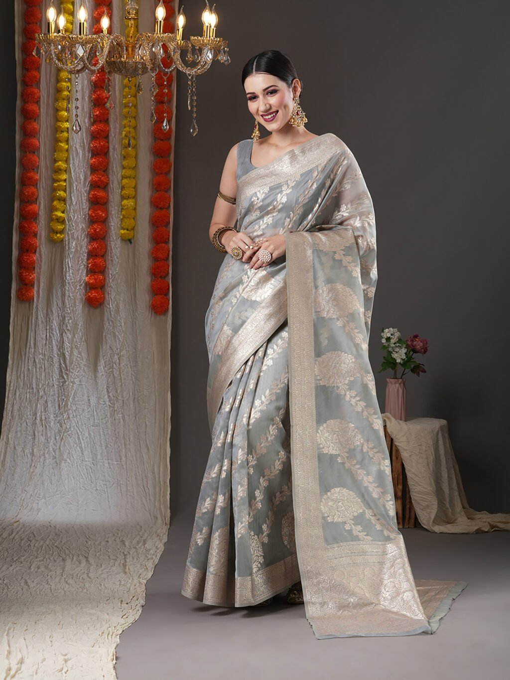 Regal Grey Organza Zari Saree