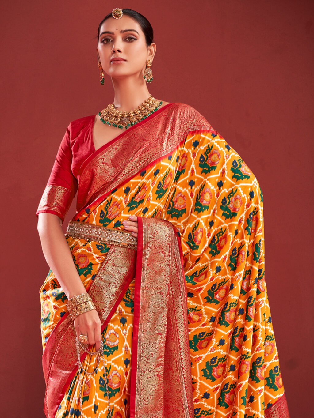 Mustard Gujarati Ikat Patola Silk Saree - Image 2