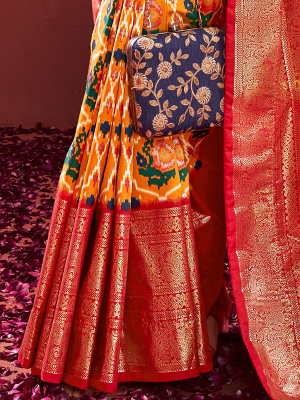 Mustard Gujarati Ikat Patola Silk Saree - Image 4