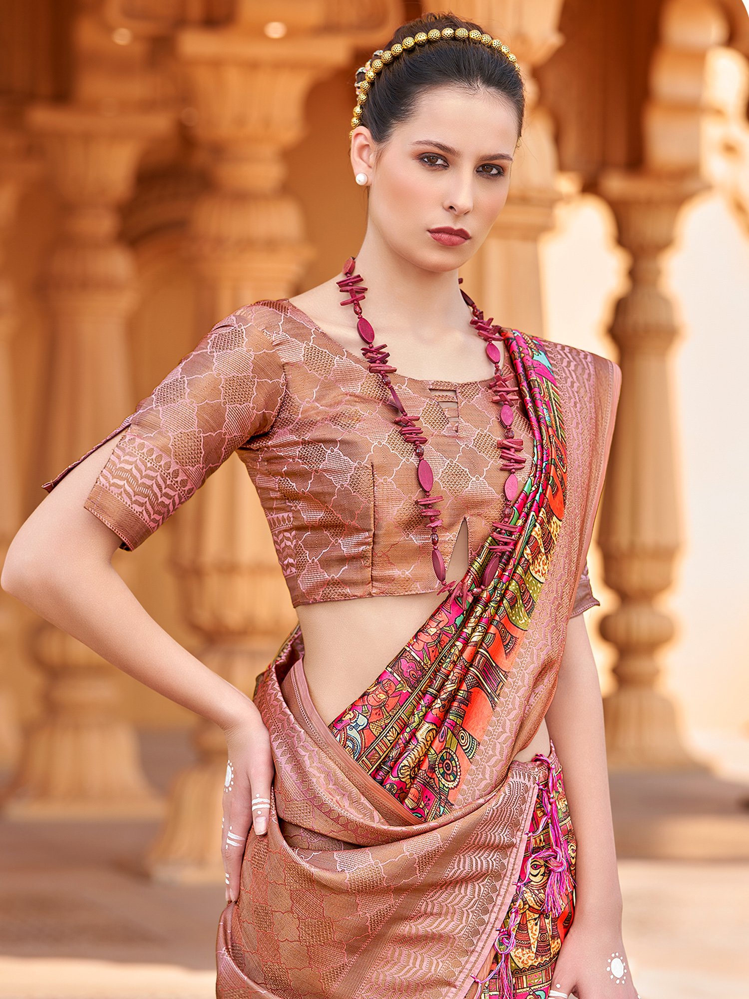 Exquisite Pink Digital Print Silk Saree