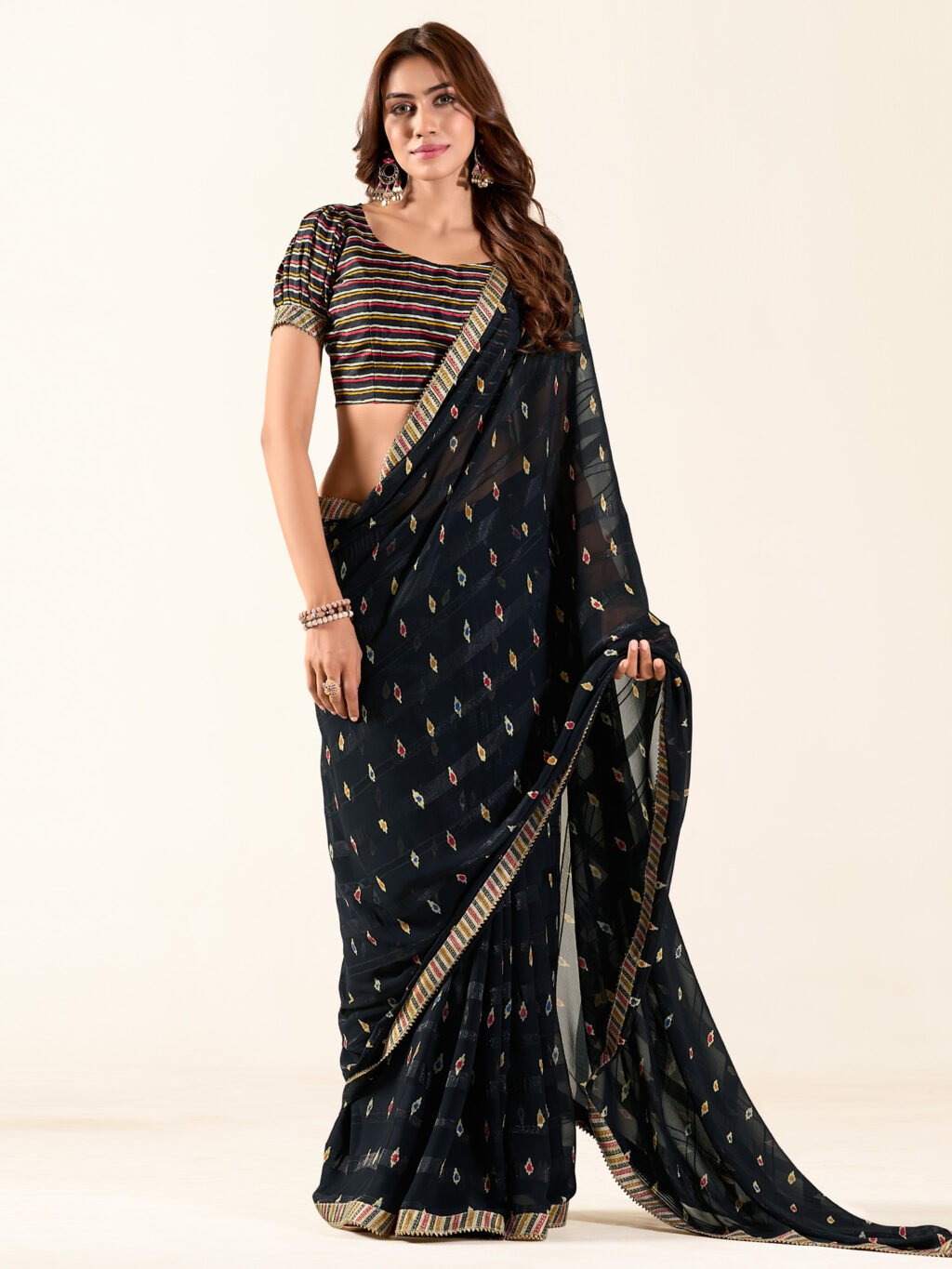Graceful Black Flowing Georgette Printed Saree