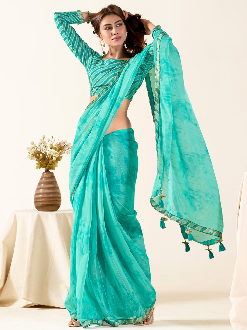 Graceful Light Blue Georgette Printed Saree