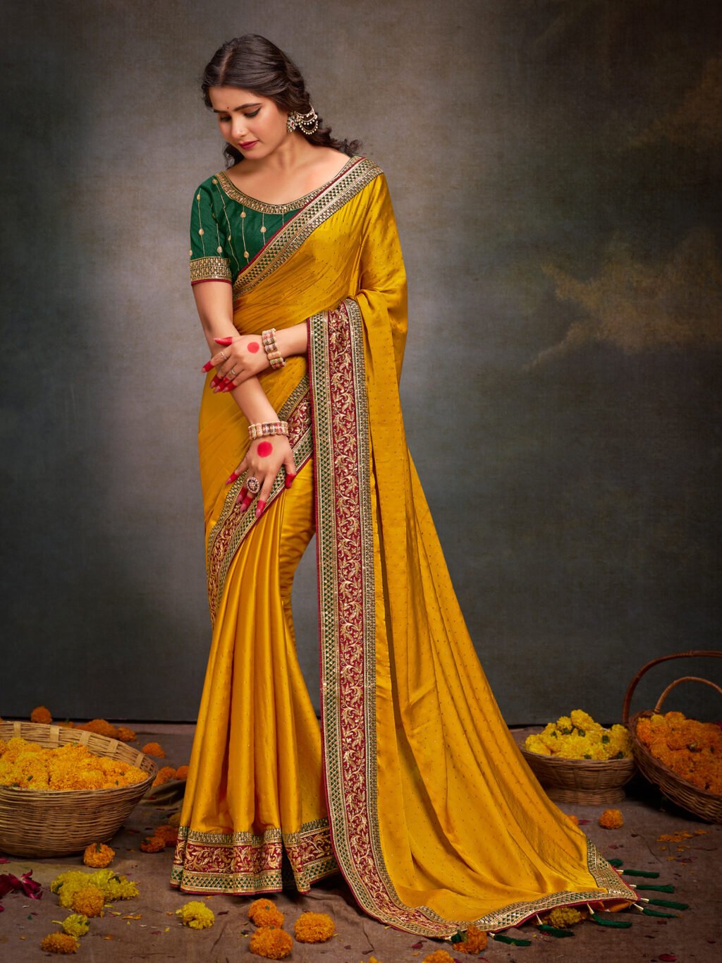 Elegant Yellow Georgette Satin Saree
