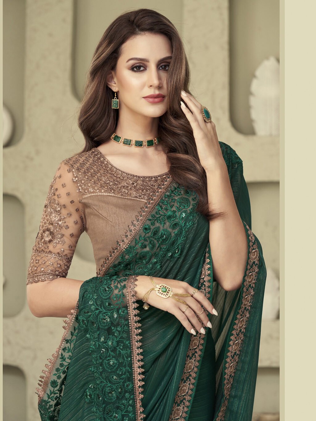 Designer Green Georgette Sequins Saree - Image 2