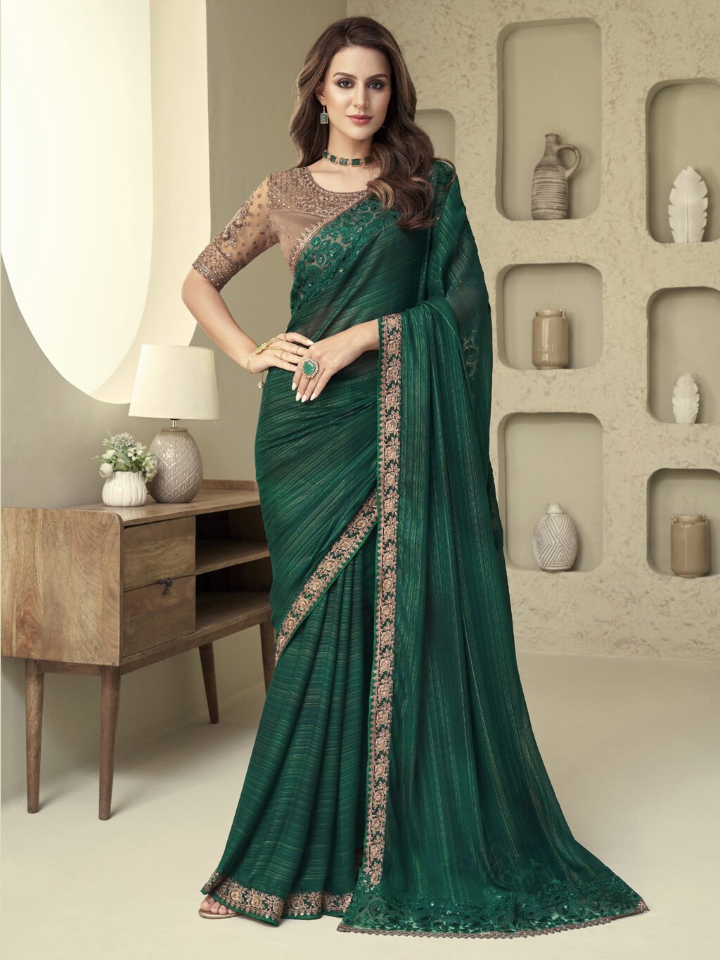 Designer Green Georgette Sequins Saree