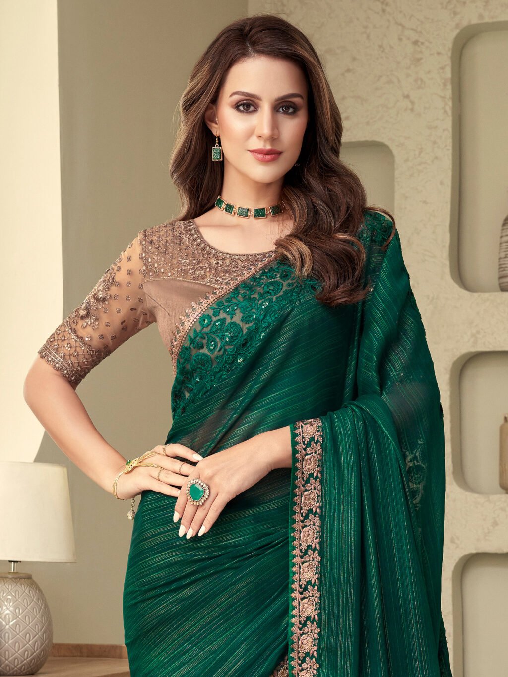 Designer Green Georgette Sequins Saree - Image 3